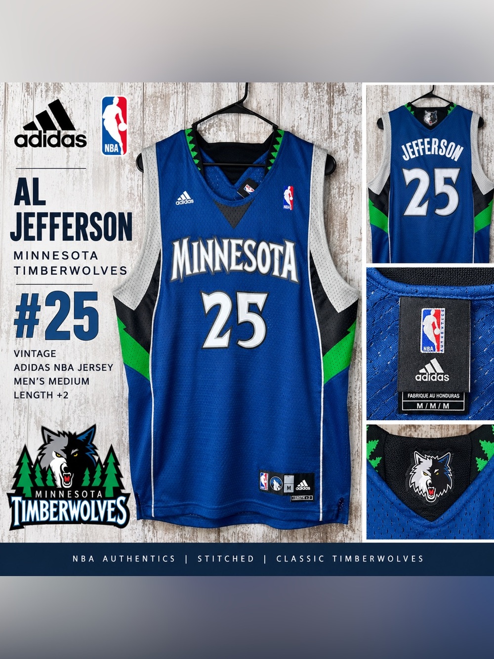 Al Jefferson Adidas Minnesota Timberwolves #25 Stitched Jersey XL 2008 Used +2